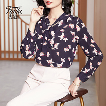 Printed silk streamer shirt womens long-sleeved autumn clothes new middle-aged mother mulberry silk top loose large size pullover
