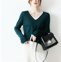 Japanese sweater knitwear Spring and autumn new women contrast color fake two-piece mind top design wool base shirt