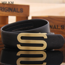 MR KM FASHION HANDSOME S-word automatic buckle overbearing stainless steel Bull Leather Belt Business Pants With Strap Men