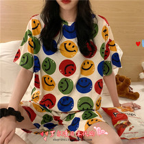 Japan Soft Honeys Summer Cute Smile Face Loose Short Sleeve Pure Cotton Pyjamas Suit Woman