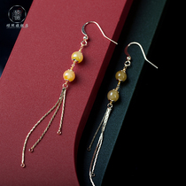 Shuozhao plated 14K gold tassel emerald beads ear hook long high-class temperament face thin earrings