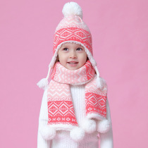  Autumn and winter ling pattern pink childrens ear protection hat Baby knitted wool hat plus velvet hat warm hat Scarf set