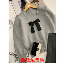 Design sense niche sweet knitted cardigan jacket womens 2022 autumn and winter new bowknot V-neck all-match tops