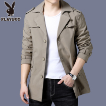  Playboy windbreaker mens mid-length spring and autumn thin solid color lapel jacket mens trend casual mens jacket