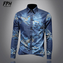 Denim Shirt Man Long Sleeve 2021 Spring Autumn Korean Version Trendy High Quality Tooling Lining Clothing Printed for Casual Jacket