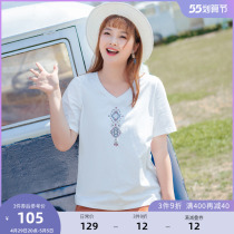 MSShe big code womens dress 2022 new summer dress fat mm Thin National Wind Embroidery Totem Short Sleeve T-shirt 200 catty