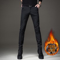 Hong Kong plus velvet black mens casual pants fashion youth trousers youth warm slim small feet mens long pants