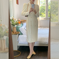 SYT intellectual elegant double-breasted lapel temperament white suit dress women autumn retro design sense long dress