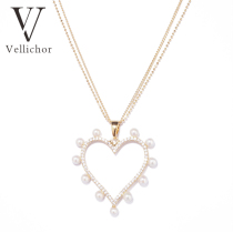 Vellichor2019 autumn and winter Korean imitation pearl love sweater chain long necklace female simple temperament pendant