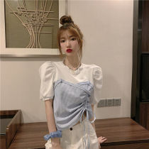  French retro bubble short-sleeved T-shirt womens summer new design sense niche fake two-piece Western style drawstring top tide