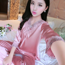Pajamas womens 2021 new summer ice silk thin sexy home clothes spring and Autumn womens silk two-piece set hy
