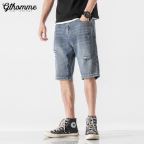 Pants mens summer thin mens hole denim shorts loose straight trend casual versatile five-point pants Tide brand