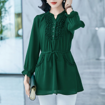 Seven-point sleeve chiffon jacket female summer New loose belly cover fat MM chiffon shirt large size stand collar shirt medium length