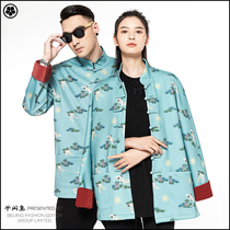 Semi-leisure set couple Tang suit Chinese style Songhe printing retro tide brand hip-hop buckle early spring new stand-up collar jacket