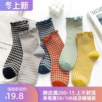 Plaid socks female middle tube wooden ear summer thin spring summer ins tide lace ruffles colored cotton stockings
