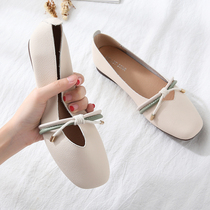 Flat bottom shallow mouth single shoes womens 2021 new summer soft leather beanie shoes soft-soled pregnant woman square head Mary Jane womens shoes spring