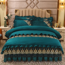 Padded crystal velvet bed skirt thickened four-piece bed flannel European ruffle solid color winter double-sided velvet