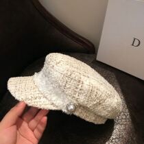 British fashion tweed navy hat female socialite wild autumn and winter cap Beige socialite wind beret tide