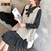 Single set womens autumn and winter New wave spot chiffon dress loose knit sweater vest two-piece set