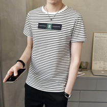 Short sleeve t shirt men 2023 summer new white stripes to repair pure cotton speed dry high end embroidery round collar trend male t