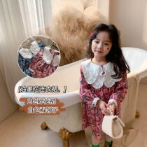 Girls floral dress 2021 spring new Korean childrens floral white two-collar long-sleeved skirt Western style