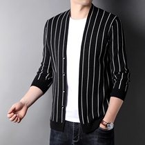 Autumn new men's knitted cardigan sweater v-neck men's vertical stripe fashion trend spring and autumn fashion brand coat men