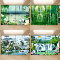 Landscape moving door glass sticker Self-adhesive glass film Landscape Bamboo forest sliding door window sticker Running water making money