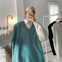 V-neck sweater mens Hong Kong style ins Tide brand solid color wild sleeveless waistband knitwear autumn trend thread vest