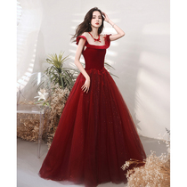 High-end Toast Dress Bride Evening Dress Dress Woman Temperament Fugitive Princess Wedding Wine Red Color Tandem Dresses Summer Long