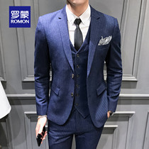 Romon striped suit suit suit men Korean version of slim business suit handsome youth professional dress wedding dress