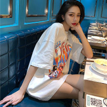 South Korea 2021 New Autumn white base shirt T-shirt women short sleeve Korean version of loose bf medium long print ins plus size