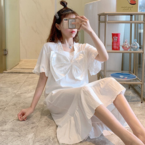 Nightdress women Summer cotton thin short sleeve white 2021 New sweet cute princess style bow pajamas