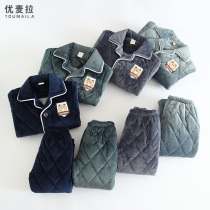 Winter childrens pajamas boys three-layer quilted flannel suit thickened medium and large childrens coral fleece baby home clothes