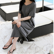 Sleeping Dress Lady Summer Casual Short Sleeve Modell Spring Summer Long Dress Home Skirt Sleepwear V Tie Hood Dress Can Be Worn Outside