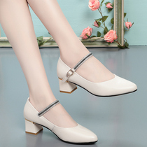 Leather word buckle womens shoes 2021 spring and autumn new shallow single shoes womens medium heel soft leather thick heel large size womens shoes