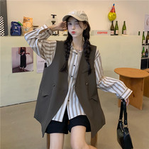 2021 Spring Autumn New Kan Shoulder Exterior Lap Suit Waistcoat Waistcoat Female Autumn Clothing Web Red Phara-style laminated wearing waistcoat jacket