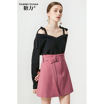 Sugar force spring new European and American womens clothing black long-sleeved pullover strapless bow tie knitwear top