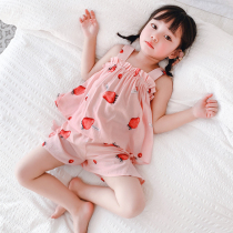 Summer silk girls childrens pajamas short-sleeved baby parent-child cotton silk home clothing childrens thin set