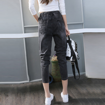 Elastic waist jeans womens trousers Spring and Autumn Korean version of chic Harajuku wind students loose bf smoke gray straight pants