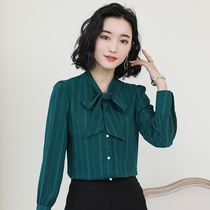 2021 spring new autumn bow green chiffon shirt womens long-sleeved Korean version loose base shirt top