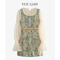 (Hong Kong designer brand) 2021 early spring new women floral dress design sense square collar mesh sleeve