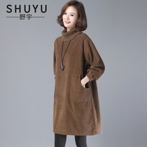 Lamp core suede high collar and velvety dress Girl 2022 Spring loaded with new Korean version loose and thin medium long dress damp