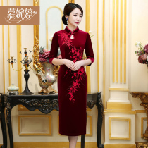 New modified gold velvet wedding cheongsam dress mother dress long model hi mother-in-law Noble size red dress female