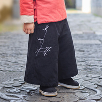 Baby wide-leg pants spring and autumn Chinese style printing warm 9-point pants winter plus velvet thick fake 2 pieces childrens leggings