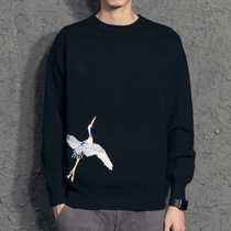 Chinese style mens sweater autumn and winter Korean trend personality crane embroidered sweater 2020 new round neck