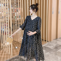 Pregnancy maternity dress Summer new 2022 Early in the middle of the year Late Flowers Snowspun Skirt V Collar Advanced Sensfeel Dress Summer style