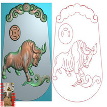 The twelve zodiac bull brand is bull copper coins jdp relief map gray-scale wood carving computer carving