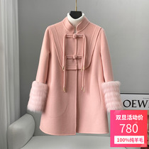 2022 new Chinese style double-sided cashmere coat womens mid-length fox fur fashion slim woolen coat