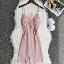 New Ice Silk summer lace side backless nightgown V collar with chest cushion sling sexy gathering pajamas women Spring Autumn