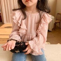 Girls  long-sleeved chiffon top 2021 spring Korean version of wooden ear edge solid color elegant round neck doll shirt top Western style